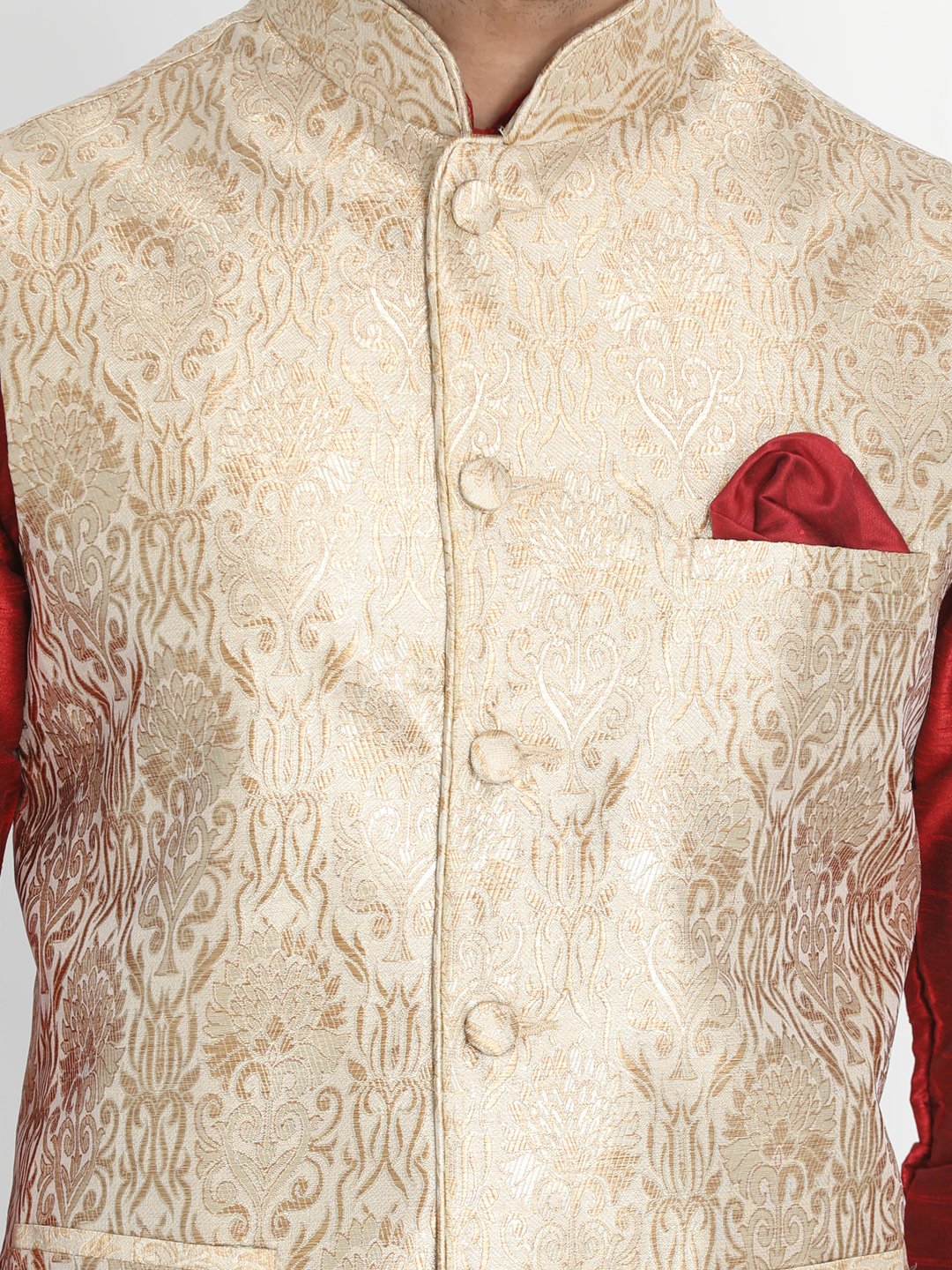 Men's Maroon Cotton Silk Blend Kurta, Ethnic Jacket and Pyjama Set