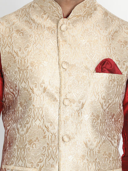 Men's Maroon Cotton Silk Blend Kurta, Ethnic Jacket and Pyjama Set