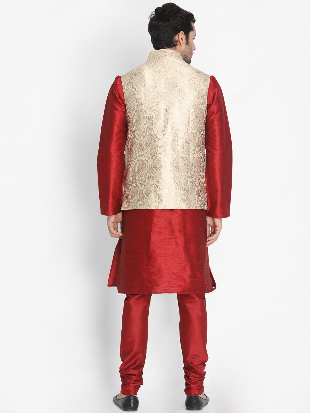 Men's Maroon Cotton Silk Blend Kurta, Ethnic Jacket and Pyjama Set