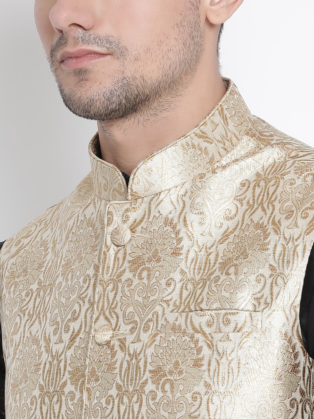 Men's Black Cotton Silk Blend Ethnic Jacket, Kurta and Dhoti Pant Set