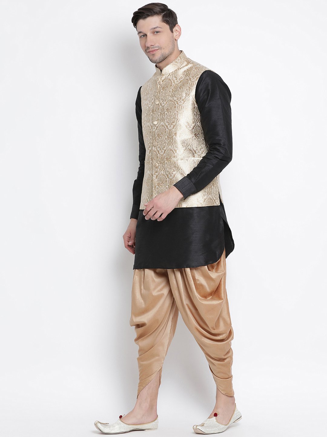Men's Black Cotton Silk Blend Ethnic Jacket, Kurta and Dhoti Pant Set