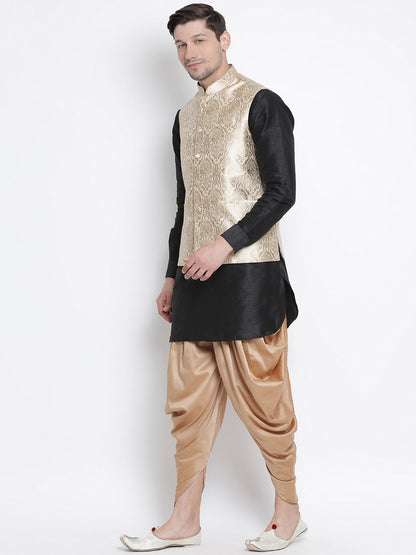 Men's Black Cotton Silk Blend Ethnic Jacket, Kurta and Dhoti Pant Set