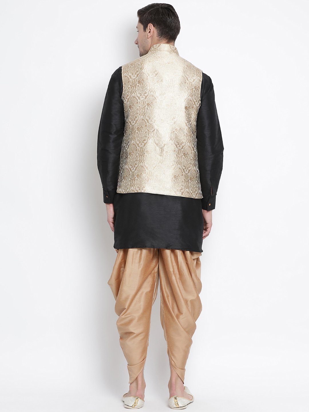 Men's Black Cotton Silk Blend Ethnic Jacket, Kurta and Dhoti Pant Set