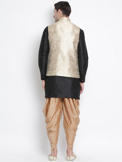 Men's Black Cotton Silk Blend Ethnic Jacket, Kurta and Dhoti Pant Set