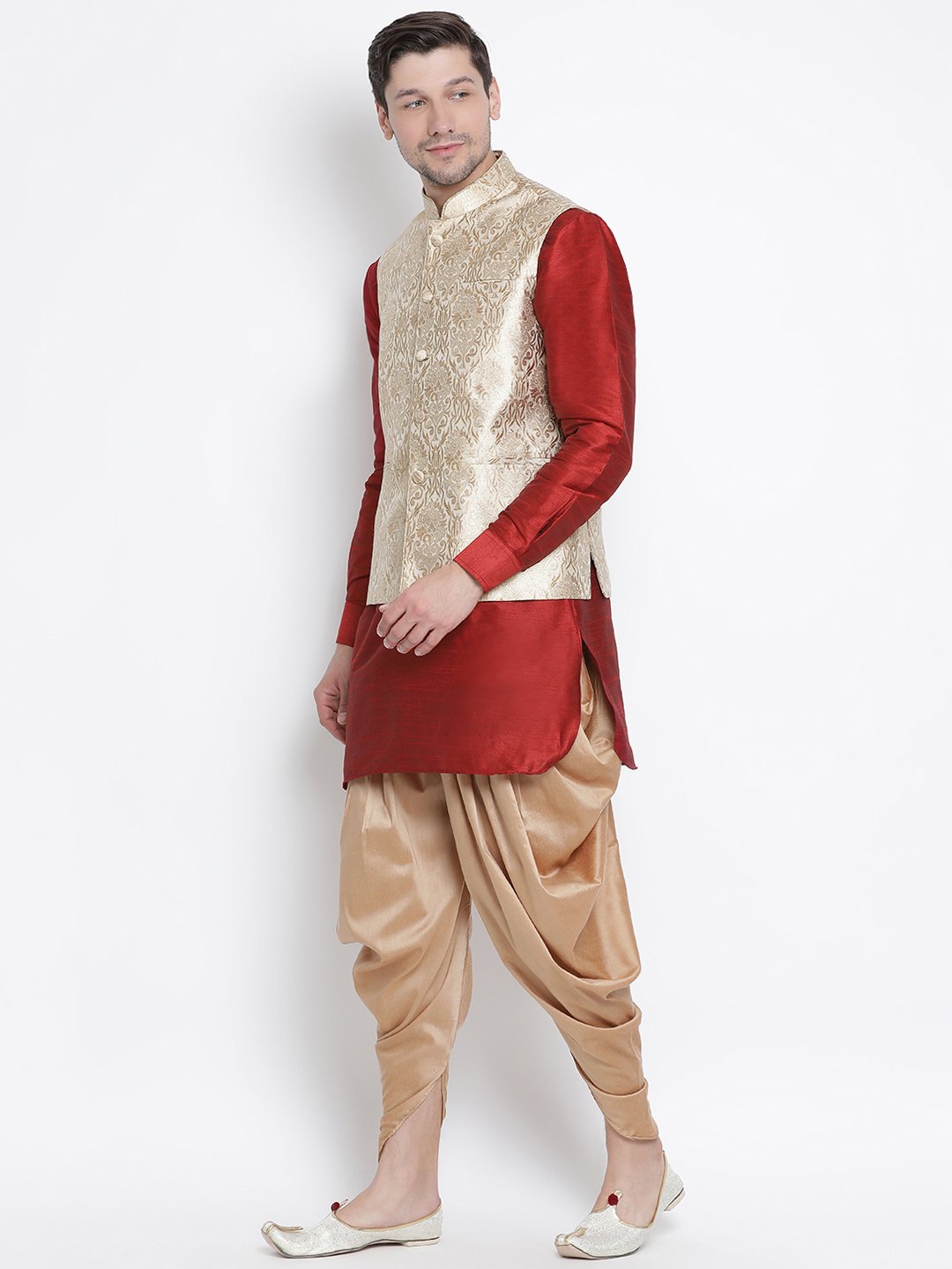 Men's Maroon Cotton Silk Blend Ethnic Jacket, Kurta and Dhoti Pant Set