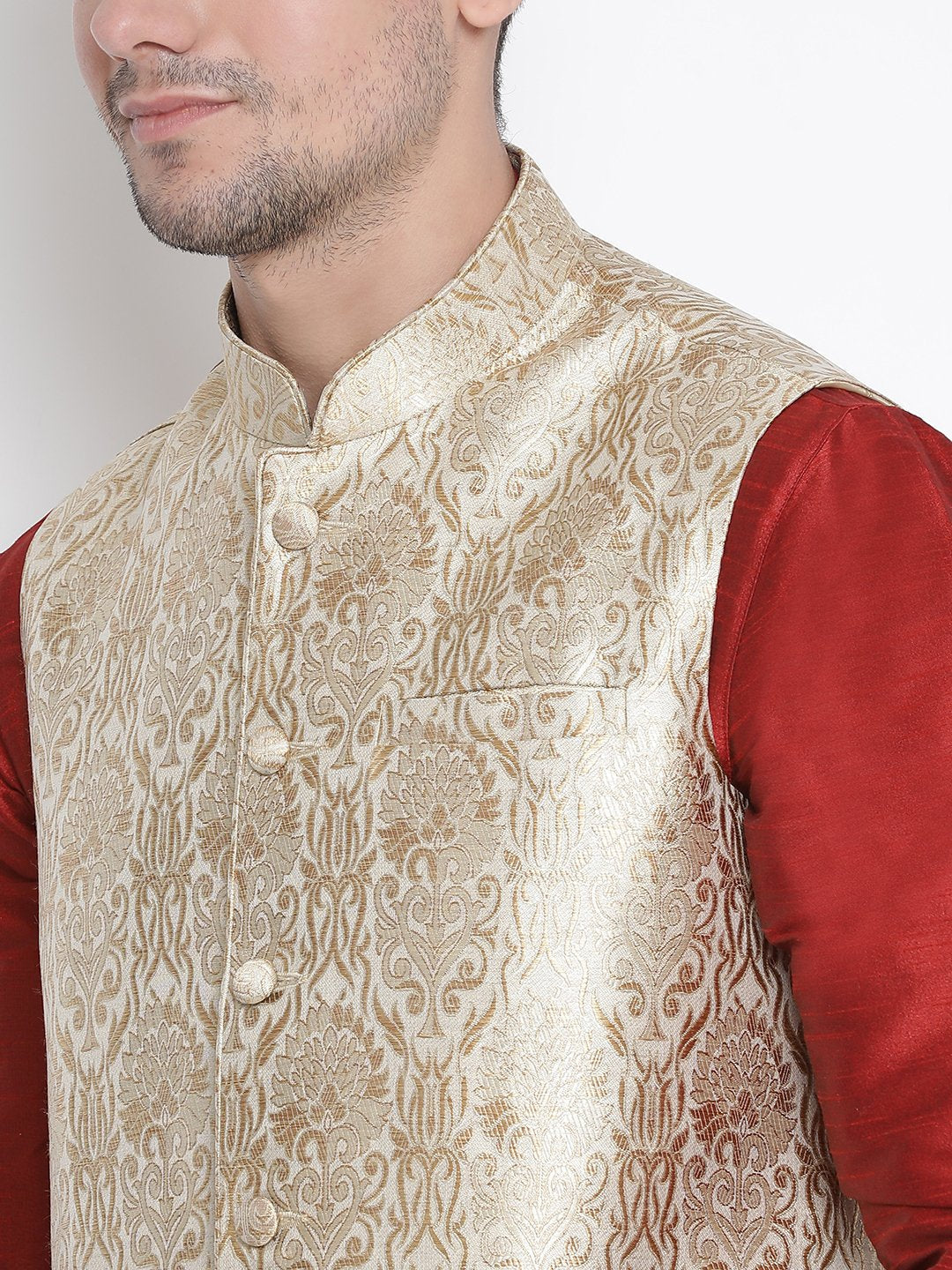Men's Maroon Cotton Silk Blend Ethnic Jacket, Kurta and Dhoti Pant Set