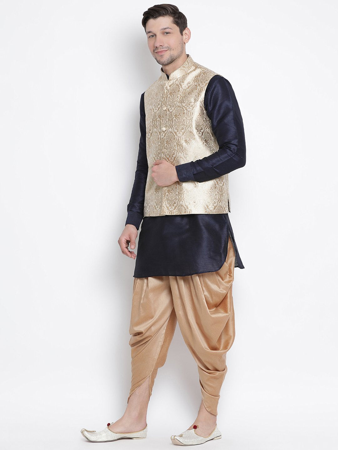 Men's Dark Blue Cotton Silk Blend Ethnic Jacket, Kurta and Dhoti Pant Set