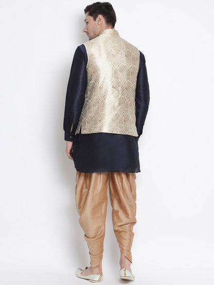 Men's Dark Blue Cotton Silk Blend Ethnic Jacket, Kurta and Dhoti Pant Set