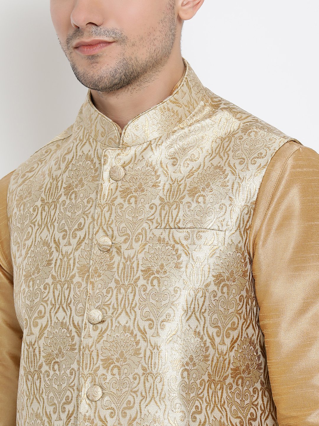 Men's Gold Cotton Silk Blend Ethnic Jacket, Kurta and Dhoti Pant Set
