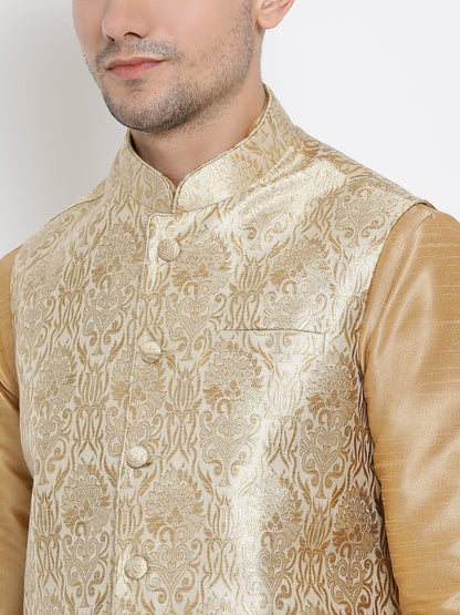 Men's Gold Cotton Silk Blend Ethnic Jacket, Kurta and Dhoti Pant Set