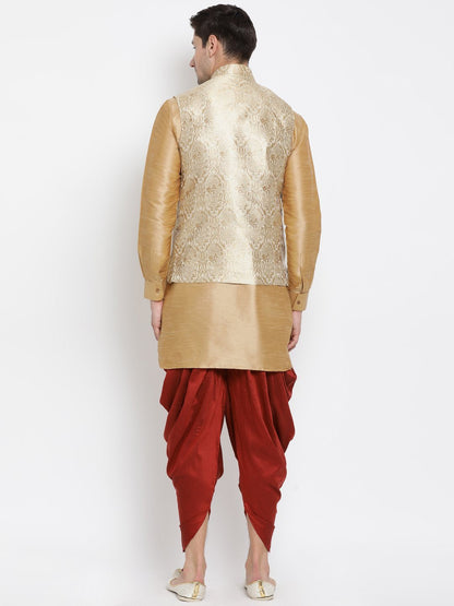 Men's Gold Cotton Silk Blend Ethnic Jacket, Kurta and Dhoti Pant Set