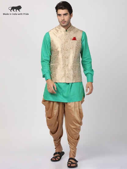 Men's Green Cotton Silk Blend Ethnic Jacket, Kurta and Dhoti Pant Set