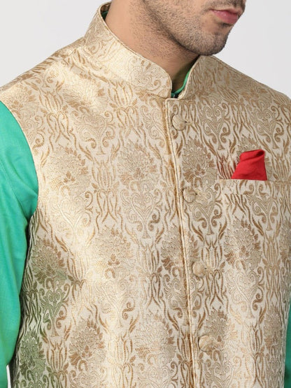 Men's Green Cotton Silk Blend Ethnic Jacket, Kurta and Dhoti Pant Set
