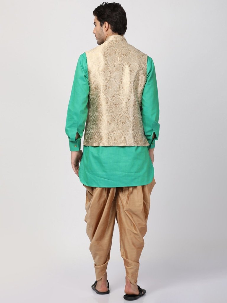 Men's Green Cotton Silk Blend Ethnic Jacket, Kurta and Dhoti Pant Set