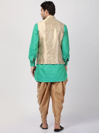 Men's Green Cotton Silk Blend Ethnic Jacket, Kurta and Dhoti Pant Set