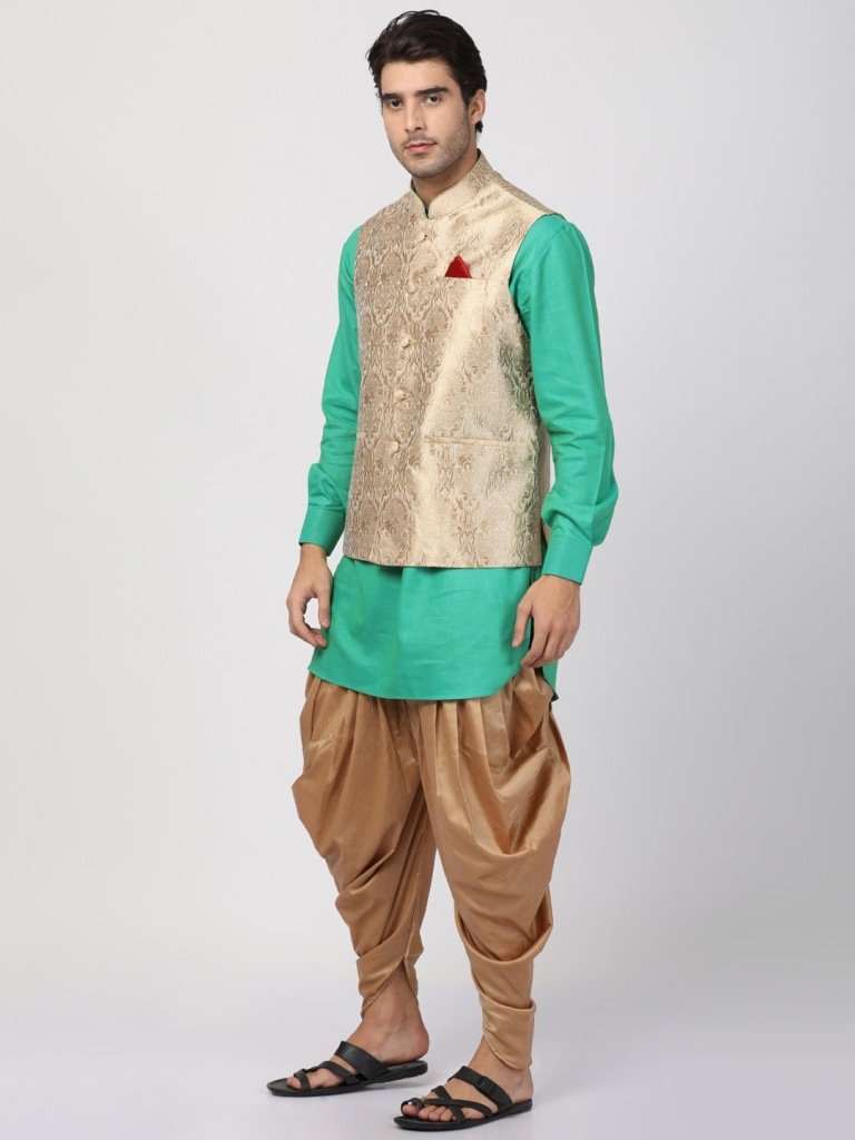 Men's Green Cotton Silk Blend Ethnic Jacket, Kurta and Dhoti Pant Set