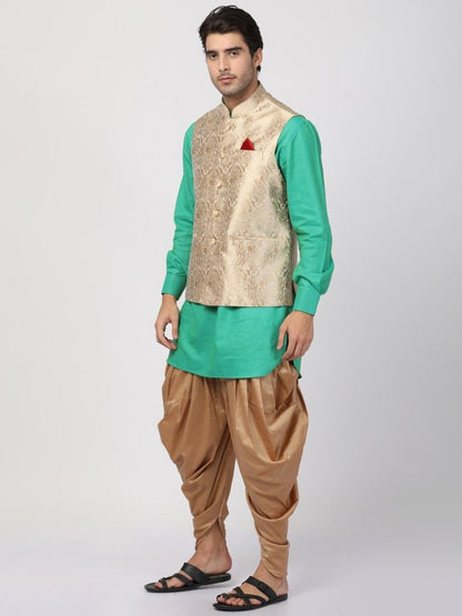 Men's Green Cotton Silk Blend Ethnic Jacket, Kurta and Dhoti Pant Set