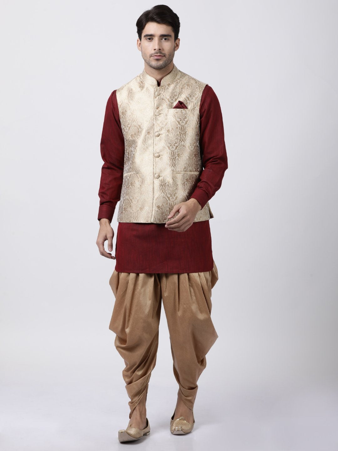 Men's Maroon Cotton Silk Blend Ethnic Jacket, Kurta and Dhoti Pant Set