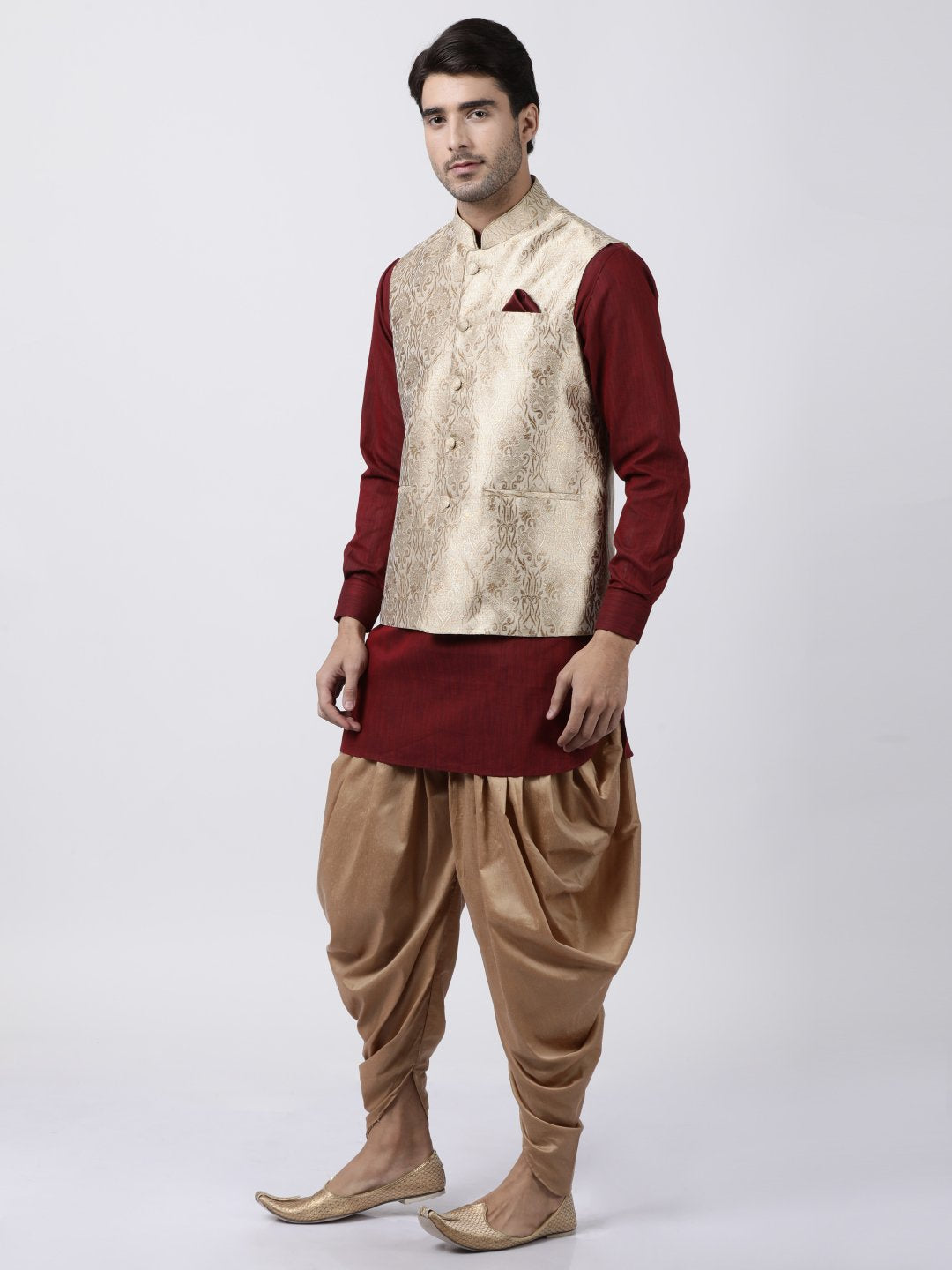 Men's Maroon Cotton Silk Blend Ethnic Jacket, Kurta and Dhoti Pant Set