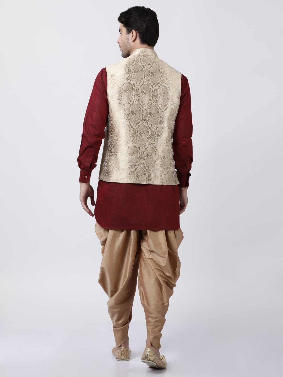 Men's Maroon Cotton Silk Blend Ethnic Jacket, Kurta and Dhoti Pant Set