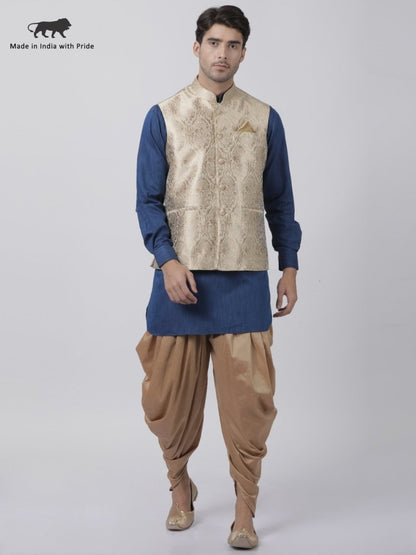 Men's Dark Blue Cotton Silk Blend Ethnic Jacket, Kurta and Dhoti Pant Set