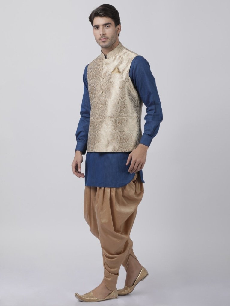 Men's Dark Blue Cotton Silk Blend Ethnic Jacket, Kurta and Dhoti Pant Set