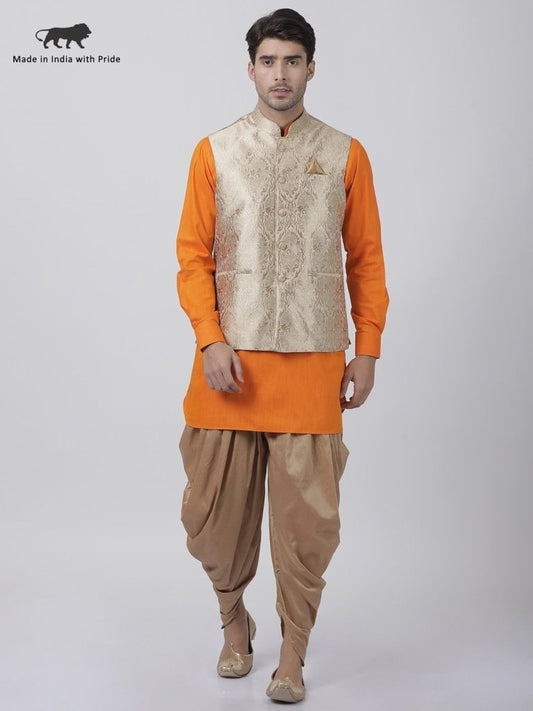 Men's Orange Cotton Silk Blend Ethnic Jacket, Kurta and Dhoti Pant Set