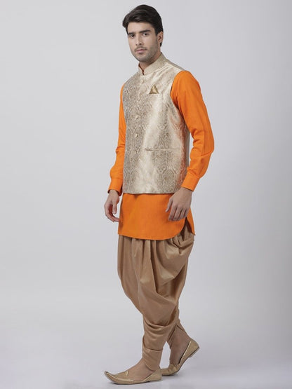 Men's Orange Cotton Silk Blend Ethnic Jacket, Kurta and Dhoti Pant Set