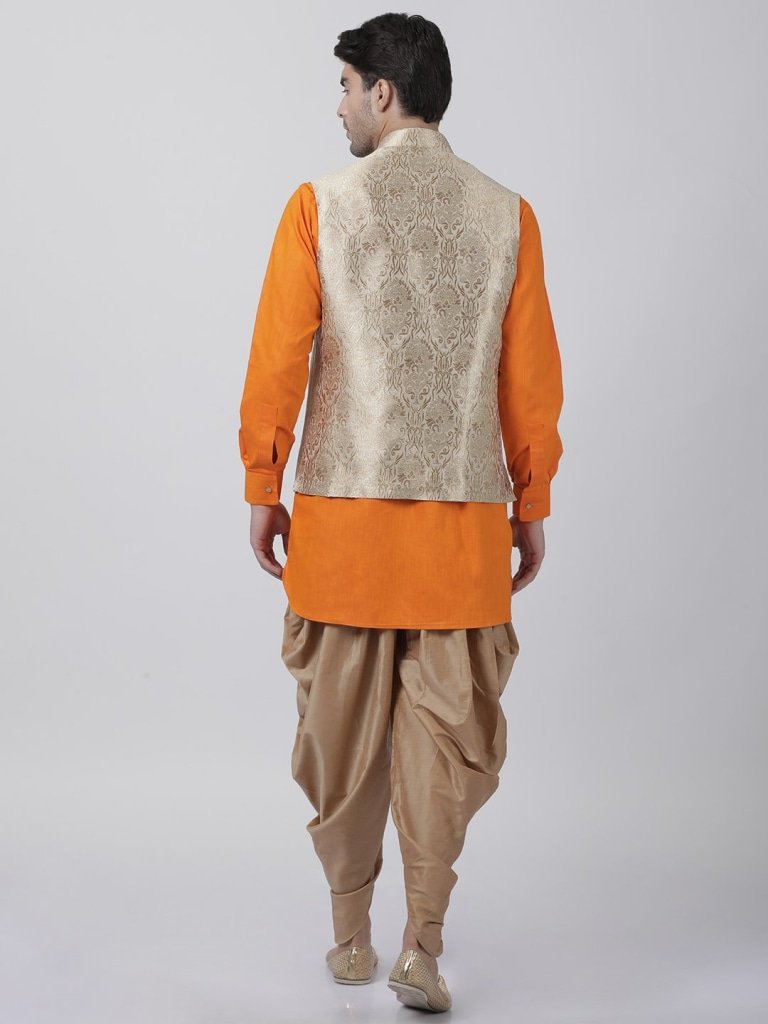 Men's Orange Cotton Silk Blend Ethnic Jacket, Kurta and Dhoti Pant Set