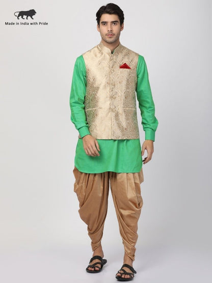 Men's Green Cotton Silk Blend Ethnic Jacket, Kurta and Dhoti Pant Set