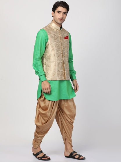 Men's Green Cotton Silk Blend Ethnic Jacket, Kurta and Dhoti Pant Set