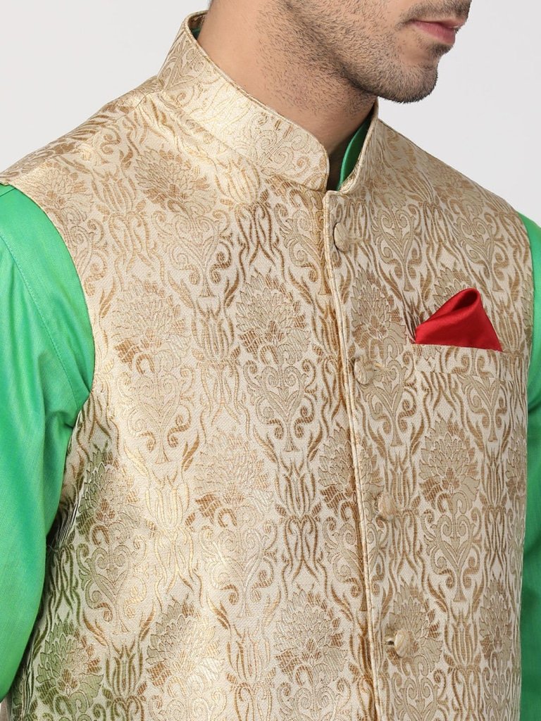 Men's Green Cotton Silk Blend Ethnic Jacket, Kurta and Dhoti Pant Set