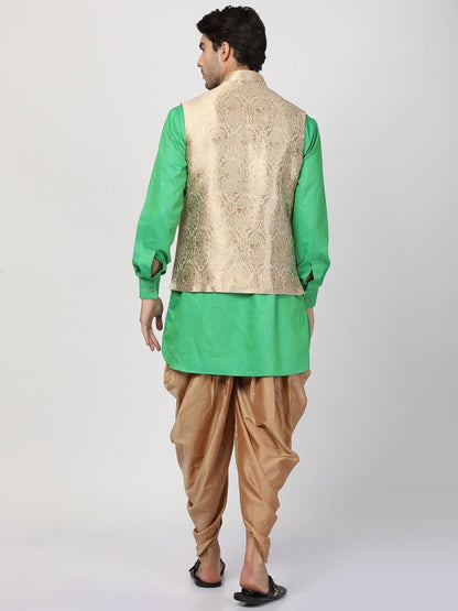 Men's Green Cotton Silk Blend Ethnic Jacket, Kurta and Dhoti Pant Set