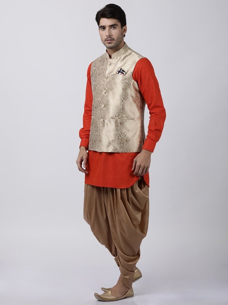 Men's Red Cotton Silk Blend Ethnic Jacket, Kurta and Dhoti Pant Set