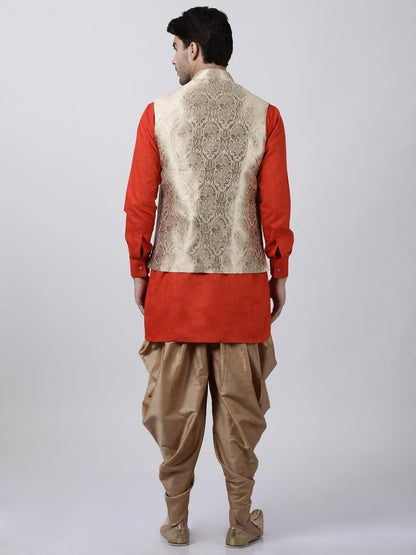 Men's Red Cotton Silk Blend Ethnic Jacket, Kurta and Dhoti Pant Set