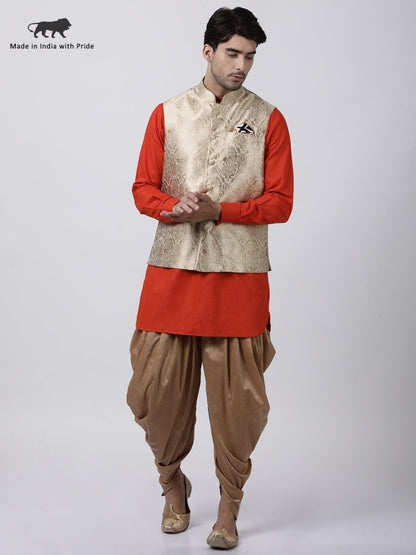 Men's Red Cotton Silk Blend Ethnic Jacket, Kurta and Dhoti Pant Set