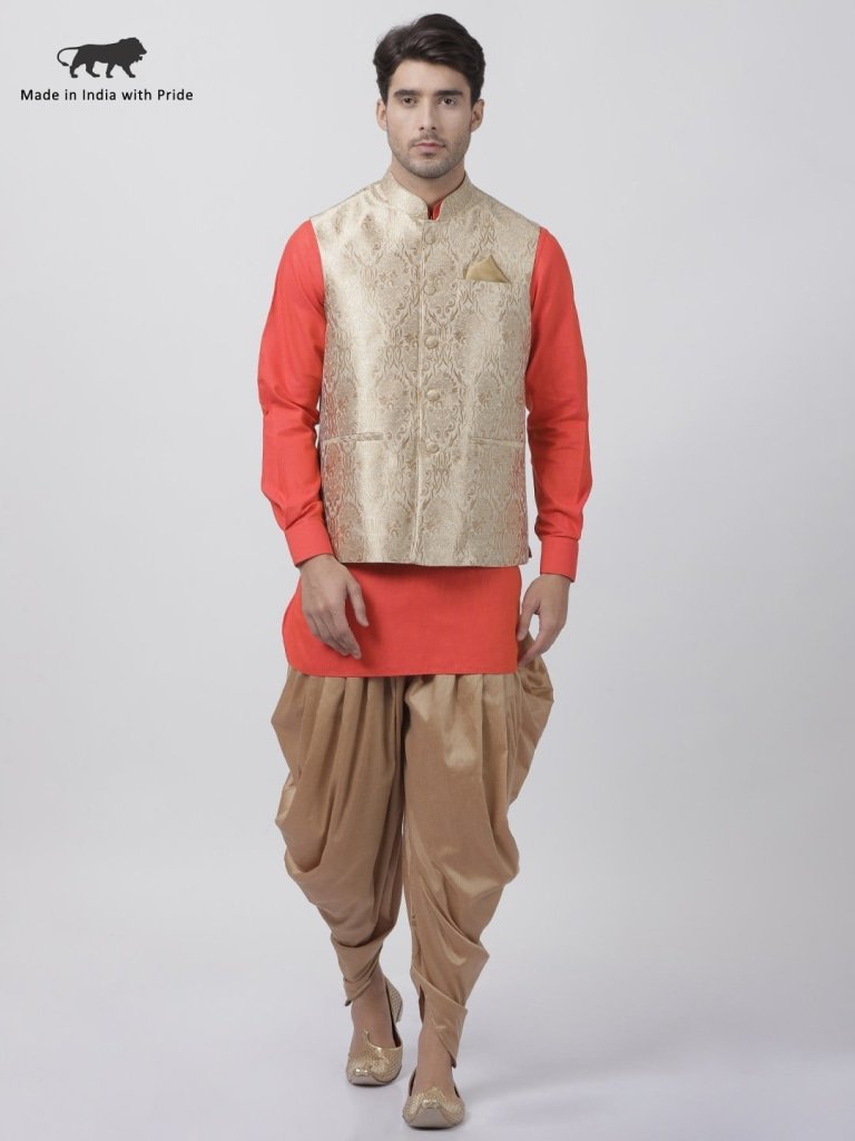Men's Orange Cotton Silk Blend Ethnic Jacket, Kurta and Dhoti Pant Set