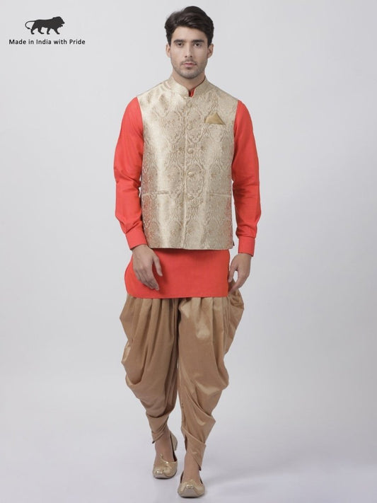 Men's Orange Cotton Silk Blend Ethnic Jacket, Kurta and Dhoti Pant Set
