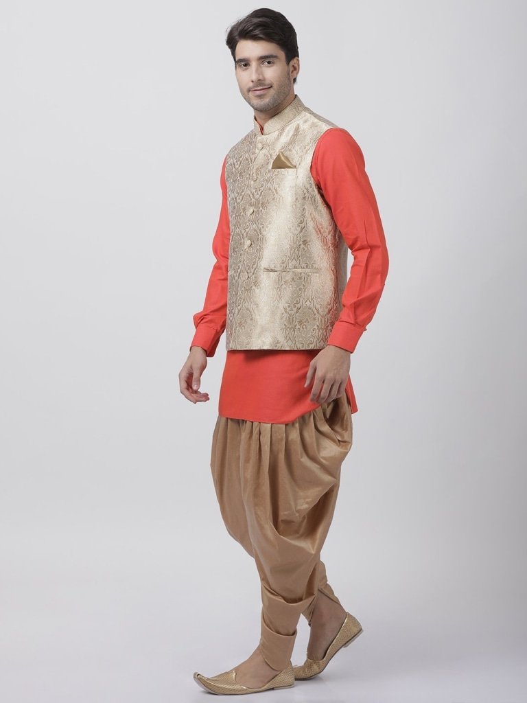 Men's Orange Cotton Silk Blend Ethnic Jacket, Kurta and Dhoti Pant Set