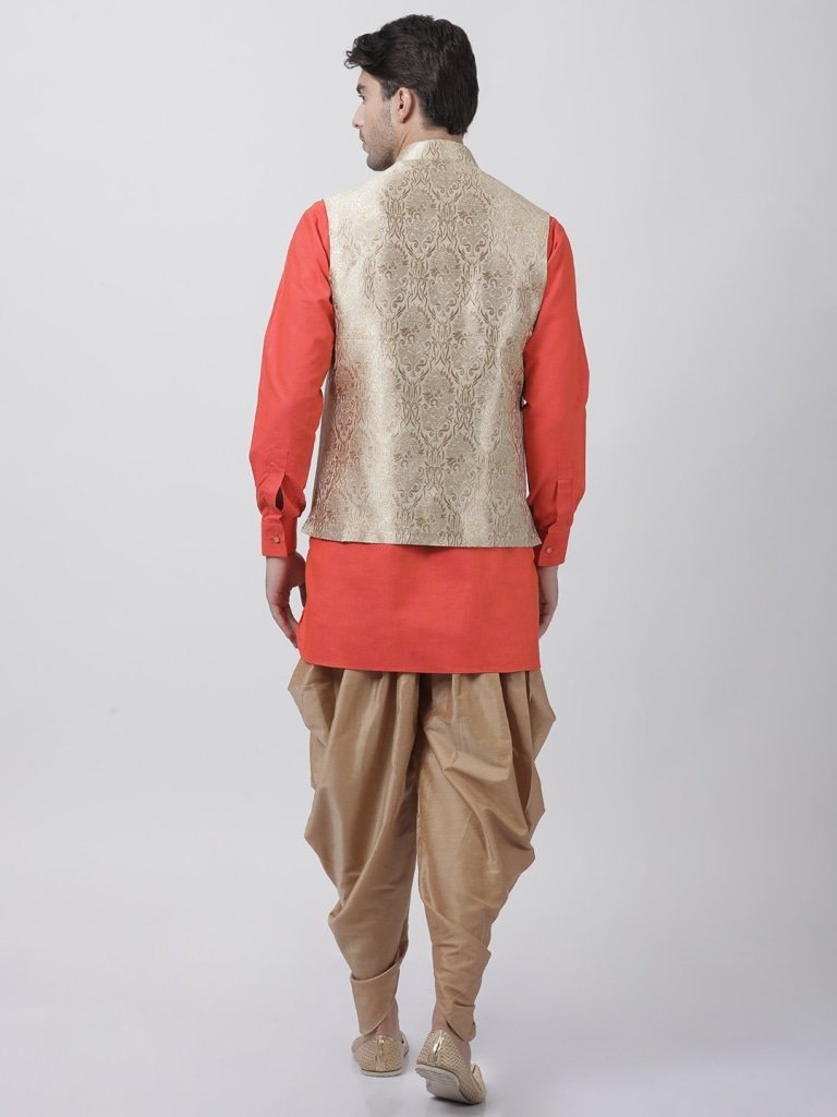 Men's Orange Cotton Silk Blend Ethnic Jacket, Kurta and Dhoti Pant Set