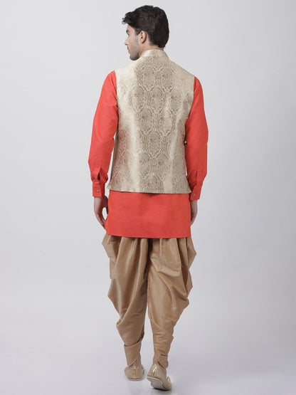 Men's Orange Cotton Silk Blend Ethnic Jacket, Kurta and Dhoti Pant Set