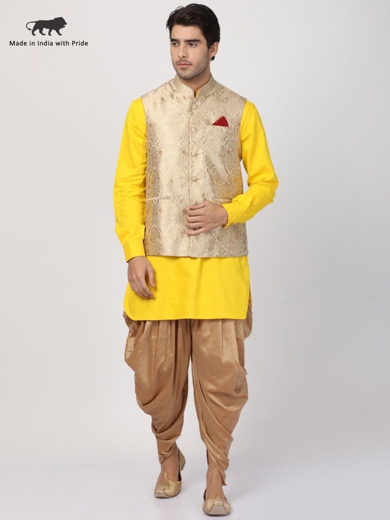 Men's Yellow Cotton Silk Blend Ethnic Jacket, Kurta and Dhoti Pant Set