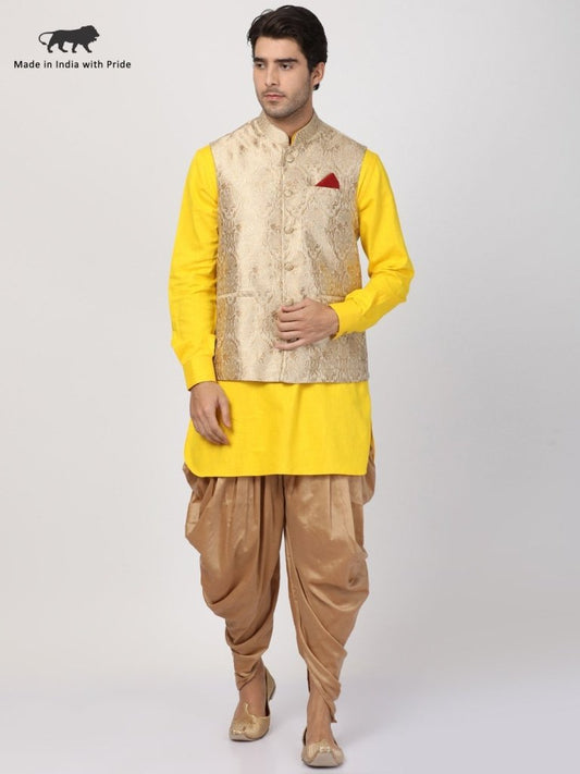 Men's Yellow Cotton Silk Blend Ethnic Jacket, Kurta and Dhoti Pant Set