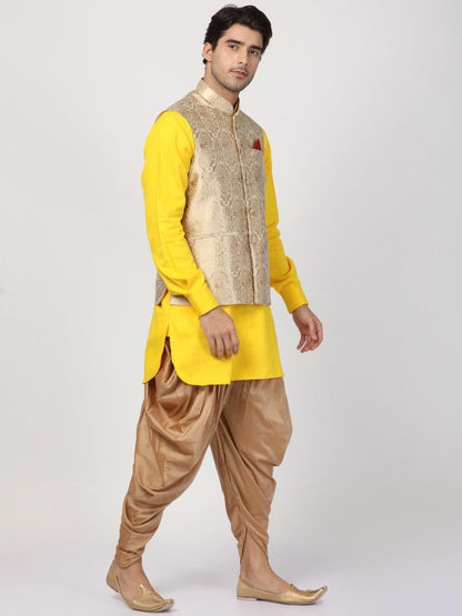 Men's Yellow Cotton Silk Blend Ethnic Jacket, Kurta and Dhoti Pant Set