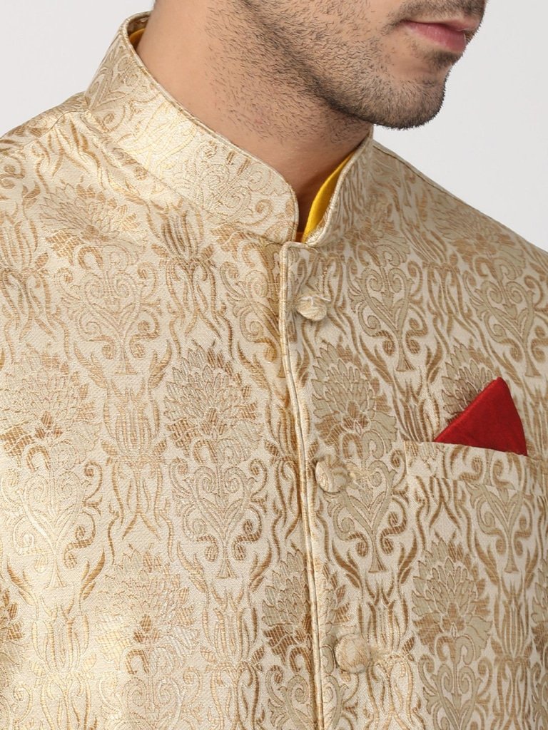 Men's Yellow Cotton Silk Blend Ethnic Jacket, Kurta and Dhoti Pant Set
