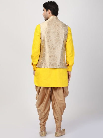 Men's Yellow Cotton Silk Blend Ethnic Jacket, Kurta and Dhoti Pant Set
