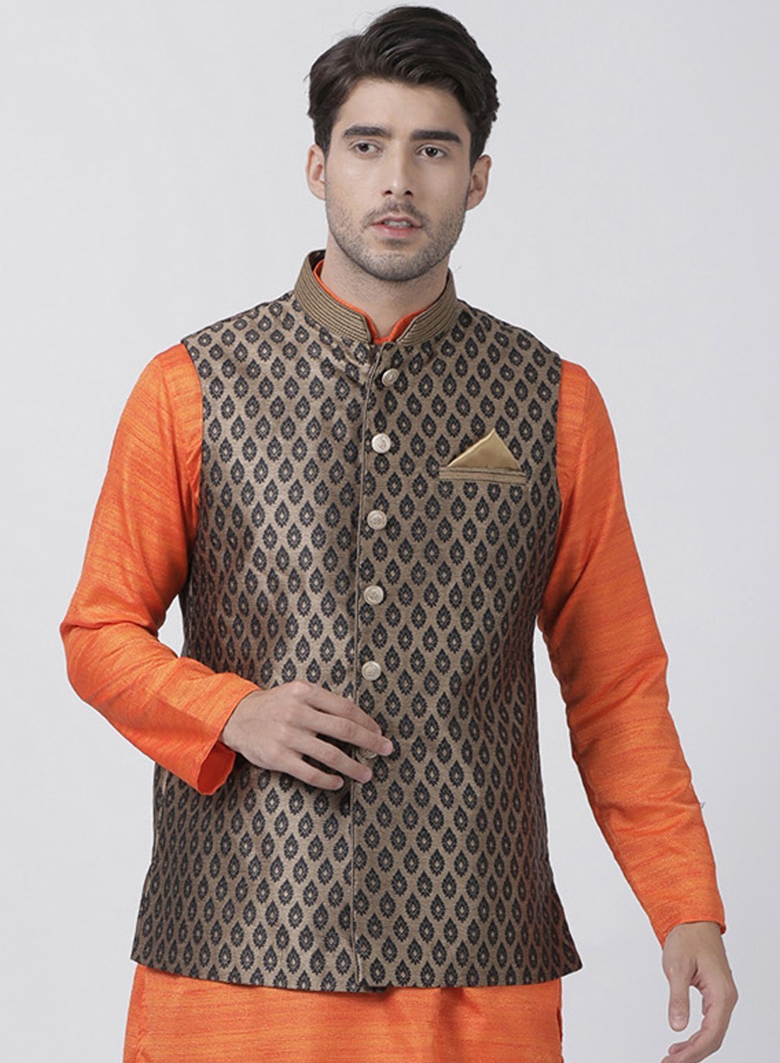 Men's Black Cotton Silk Blend Ethnic Jacket