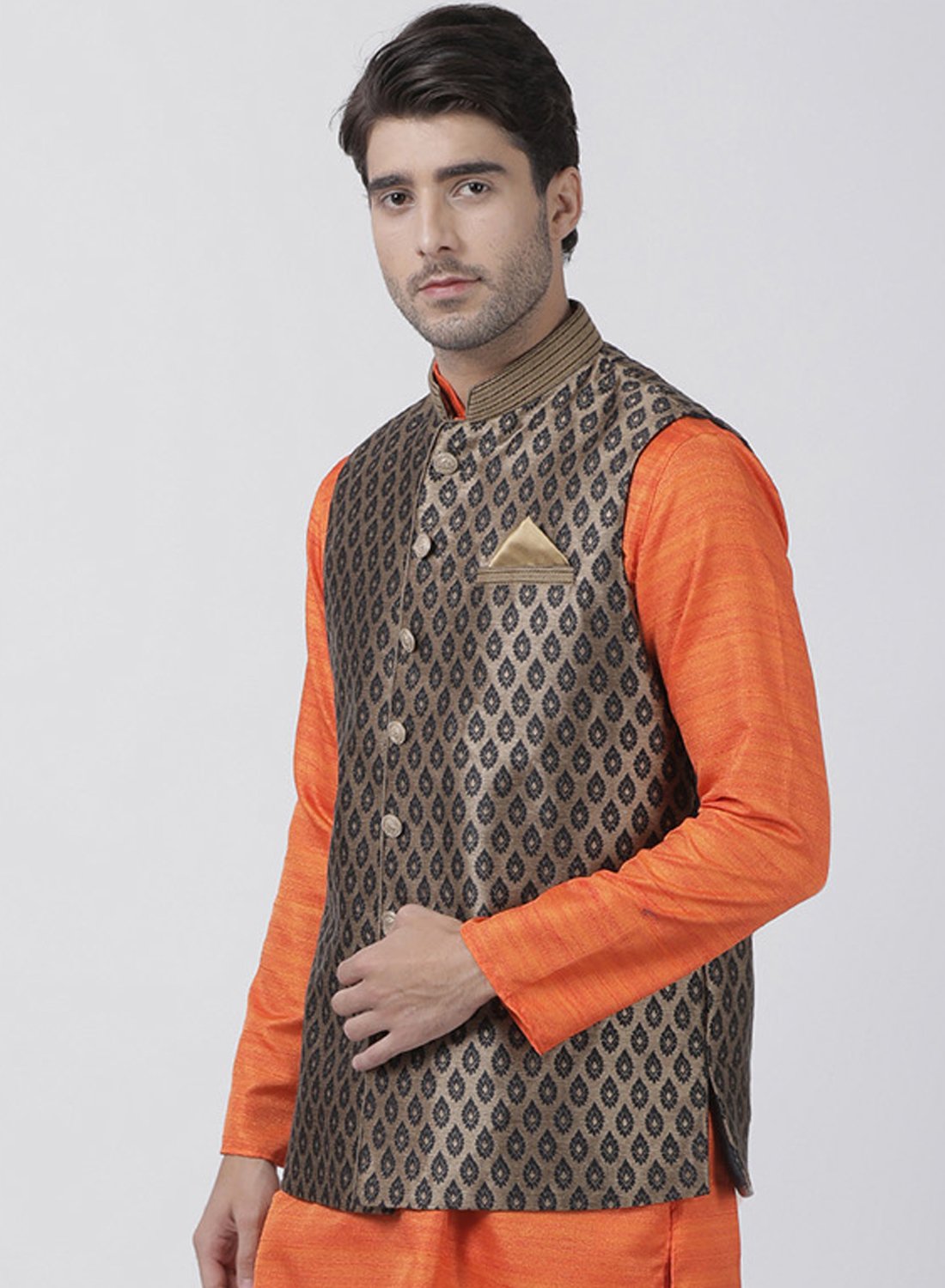 Men's Black Cotton Silk Blend Ethnic Jacket