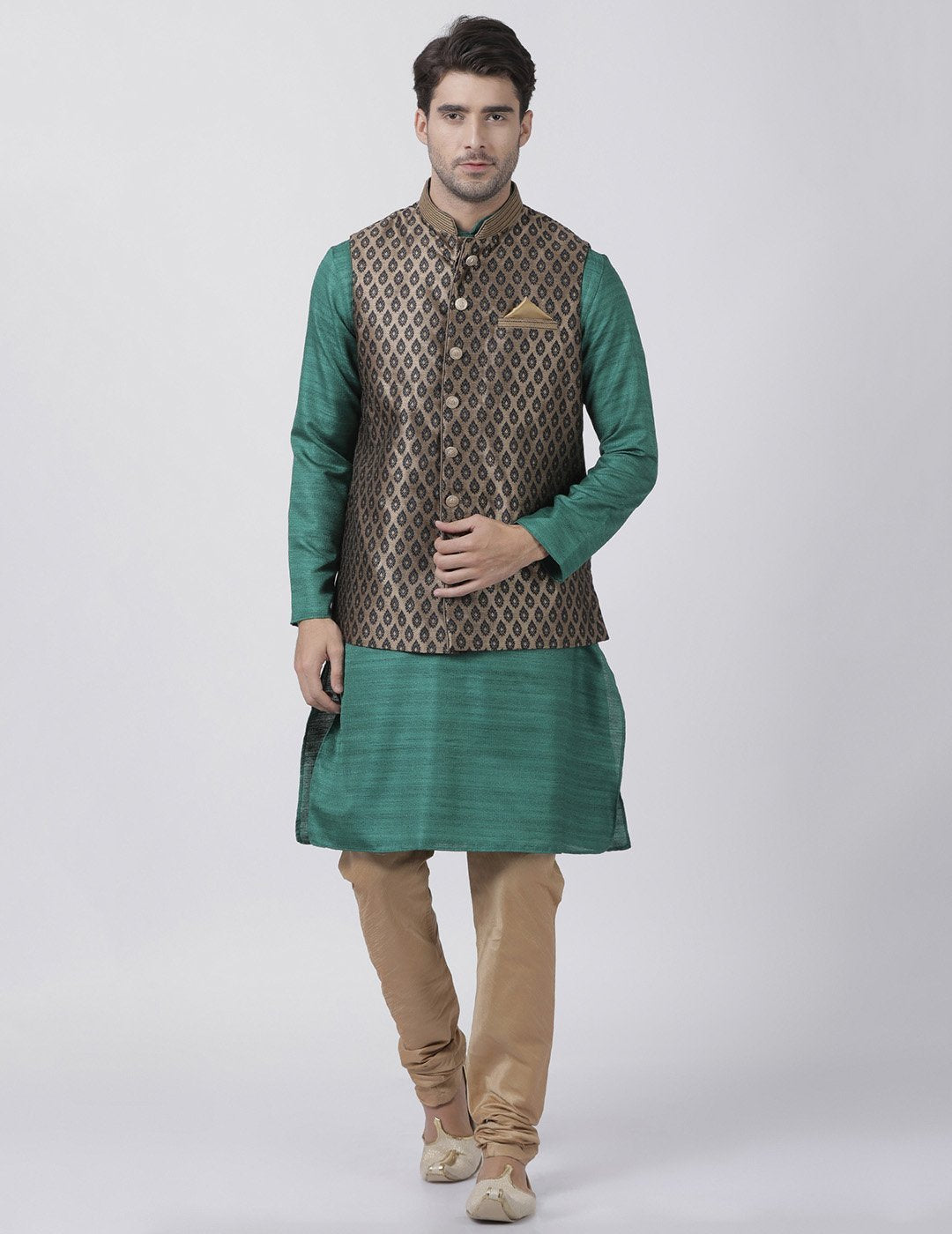 Men's Green Cotton Silk Blend Kurta, Ethnic Jacket and Pyjama Set