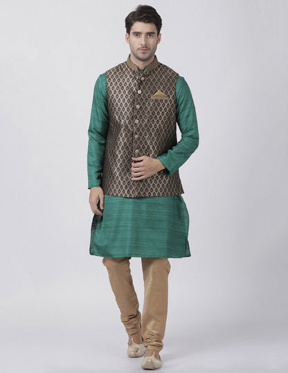Men's Green Cotton Silk Blend Kurta, Ethnic Jacket and Pyjama Set